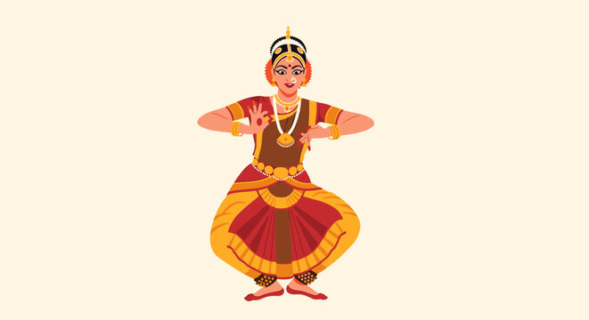 A vibrant illustration portrays a graceful Indian classical dancer in traditional attire, executing a pose against a simple, neutral background, showcasing cultural heritage.