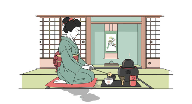 An illustration depicts a geisha in a traditional Japanese tea ceremony, gracefully preparing matcha in a serene, minimalist interior setting with shoji screens.