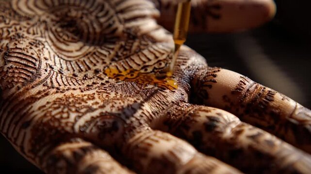 Henna art being applied to hand with intricate designs and patterns in a close-up view