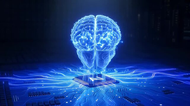 Futuristic glowing brain connected to circuit board with AI inscription concept