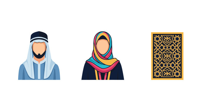 Illustration of a Muslim man and woman in traditional attire alongside a decorative golden geometric pattern, perfect for cultural or religious themed designs.
