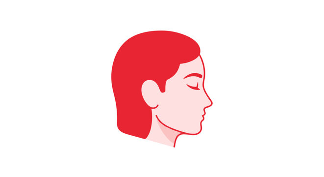 A minimalist illustration presents a side profile of a woman's face, featuring closed eyes and a serene expression, rendered in a simple, bold red and pink color scheme against a clean white
