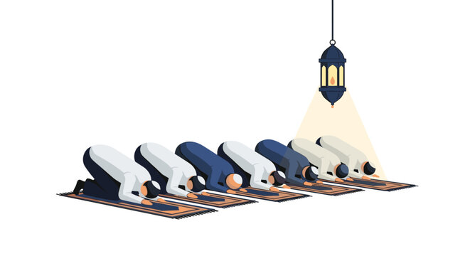 An illustration depicts a group of Muslim people in prayer, kneeling on prayer mats beneath a hanging lantern, symbolizing devotion and faith in a simple, graphic style.