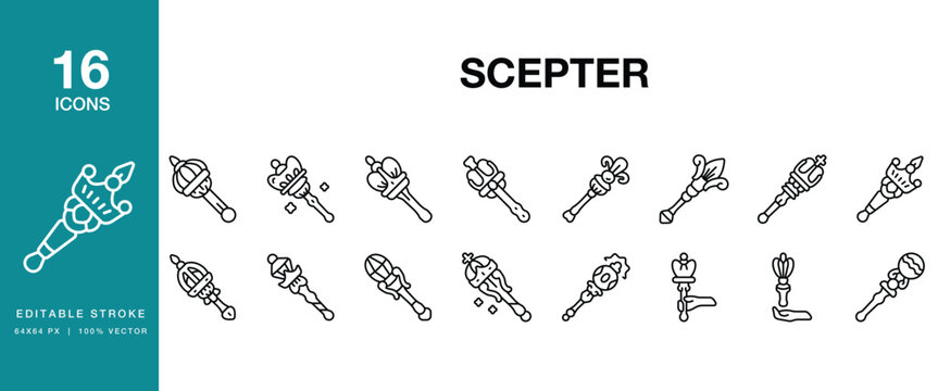Scepter icon set. Includes scepter, royal, crown, monarchy, king, queen and More. Editable Stroke Icon Collection.