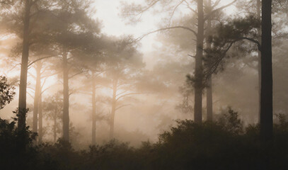 Naklejka premium Misty forest at dawn with sunlight filtering through tall trees