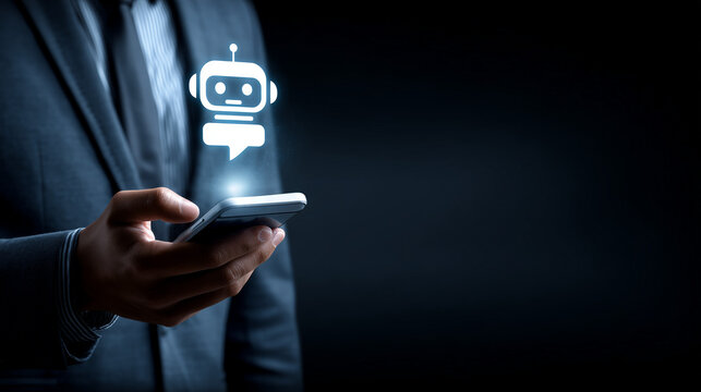 a businessman uses a mobile phone with an ai chatbot concept for customer service and support on a dark background.