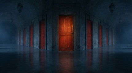 Fototapeta premium A dimly lit hallway with a single illuminated door at the end