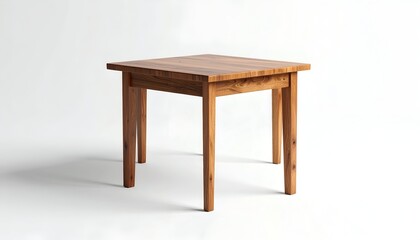 A simple, square wooden table with four legs, standing alone against a white backdrop