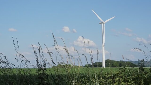 Wind Turbine in Green Field Under Blue Sky