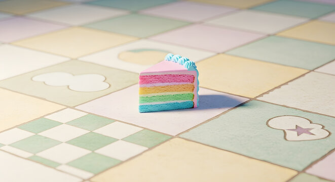 A single slice of multi colored layer cake with blue frosting sits on a floor made of pastel square tiles with icons