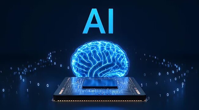 Digital brain illuminated above circuit board with AI lettering and binary numbers