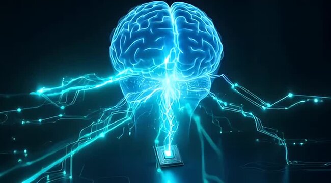 Futuristic brain connected to a chip with glowing neural network connections