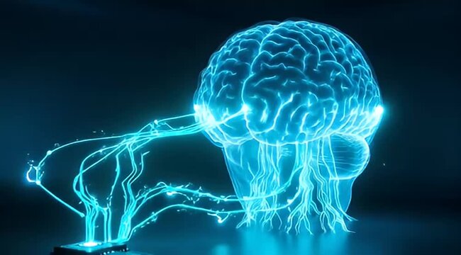Glowing blue brain connected to a circuit board with luminous strands