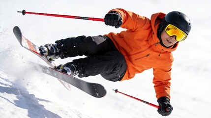 Male skier in orange jacket and black pants performs dynamic turn on snowy slope, using ski poles and protective gear, showcasing alpine winter sports action and expertise.