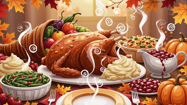 Festive Thanksgiving Feast with Harvest Ingredients and Decorations