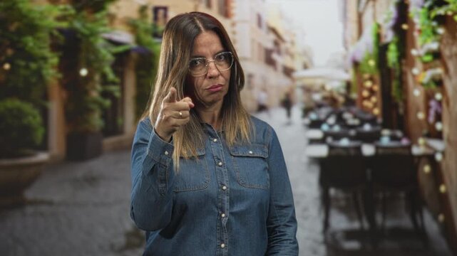 Woman pointing finger at camera on a narrow street cafe with outdoor tables and plants; stern warning.