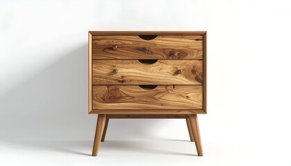 Wooden, three-drawer bedside table with rounded edges and angled legs