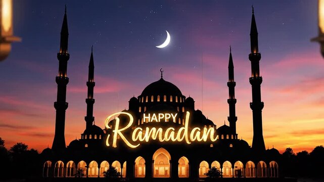 Beautiful Happy Ramadan greeting card with a mosque silhouette and crescent moon