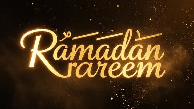 Elegant golden Ramadan Kareem script with sparkling particles on a dark backdrop