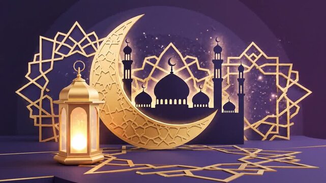 Golden Lantern with Mosque Silhouette and Crescent Moon for Islamic Celebration