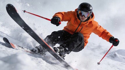 Male skier in orange jacket with helmet and goggles carves fresh powder snow, showcasing dynamic alpine skiing action in a snowy landscape.