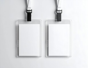 Two vertical white badge holders with blank inserts, hanging on lanyards, isolated on white