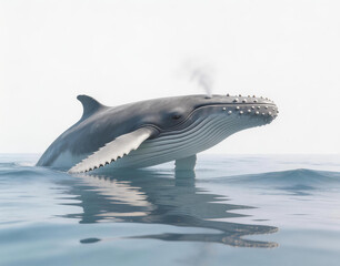 Humpback whale breaching in calm ocean waters, showcasing its baleen, dorsal fin, and distinctive white markings. Captures marine mammal beauty in natural habitat.