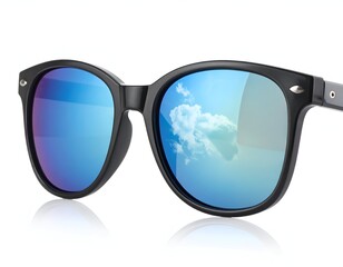 Close-up of black-framed sunglasses reflecting a cloudy blue sky, on a white surface