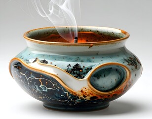A ceramic incense burner with landscape design emitting wispy smoke