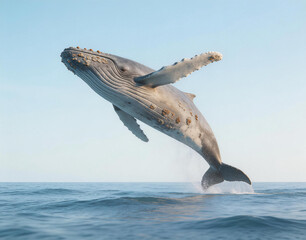 Humpback whale breaching above ocean surface, showcasing its massive size and marine mammal characteristics. Captures the dynamic motion of cetacean in natural aquatic habitat.