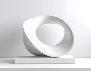 A pristine white sculpture of an open, toroidal form, angled on a small square pedestal