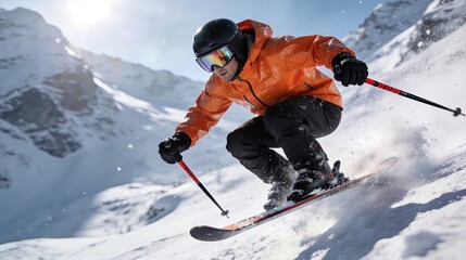 Male skier in orange jacket skiing on snowy mountain slope with ski poles. Winter sports activity, outdoor recreation, extreme sport, alpine landscape background.