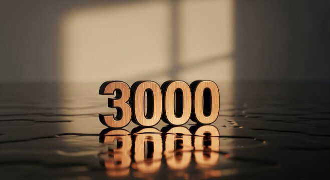 Wooden number 3000 reflecting on a wet surface with dramatic lighting and shadow