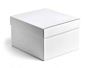 Fototapeta premium A white, square, cardboard box with a lid, casting a shadow on a white background