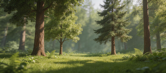 Sunlit Forest with Tall Trees and Green Grass
