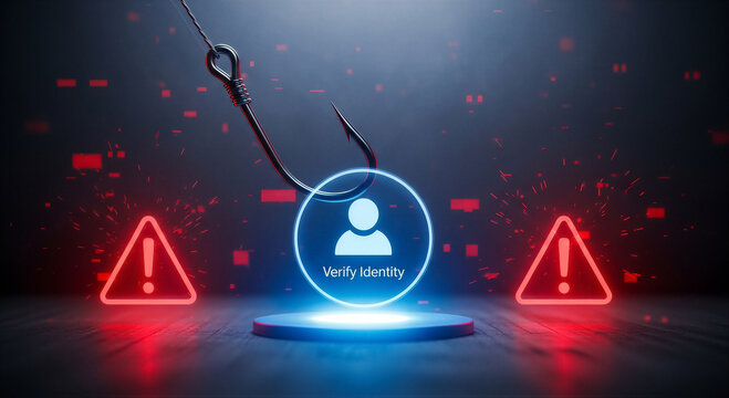 Cyber security phishing attack concept with glowing user icon and warning signs