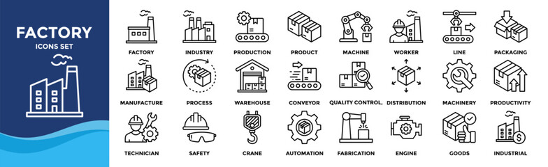 Factory icon set collection. Containing industry, production, machine, manufacture, warehouse, fabrication, goods