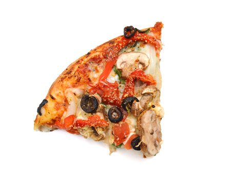 Colorful tasty pizza with olives, pepperoni, ham and pepper, close-up shot, isolated on a white background 