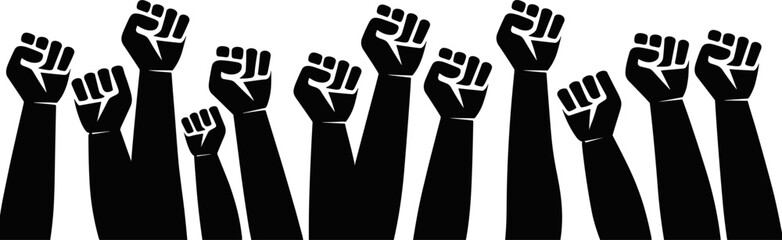 Obraz premium Raised clenched fists silhouette symbol of protest resistance power unity activism revolution freedom social justice solidarity black vector illustration isolated white background concept