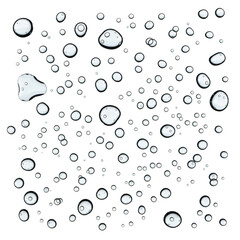 Collection of transparent water droplets scattered randomly isolated on transparent background