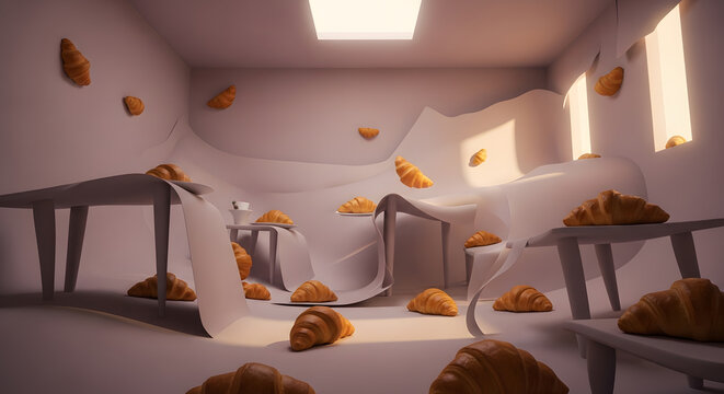 A surreal artistic display of numerous golden brown croissants levitating in a clean room with warped paper tables and walls