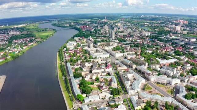 Panorama of the city of Tver, Russia. Drone footage. Lenin Square. Drone footage