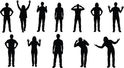 Human silhouettes collection, standing people poses, body language gestures, diverse figures set, communication signs, emotions, expressions, isolated, white background © MstMinara
