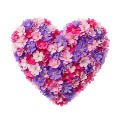 Heart shape made of colorful flowers, pink, purple, and white hues, isolated on transparent background