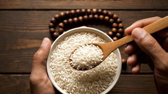Close-up overhead shot of a person's hands holding a wooden spoon filled with white rice over a bowl, with a mala bead necklace in the background