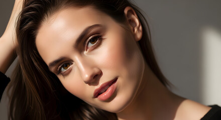 Naklejka premium Portrait of an attractive brunette woman with long natural hair