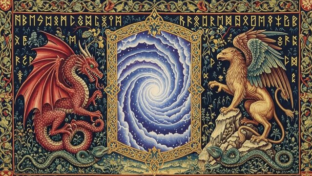 Mythical Guardians of the Portal: An enchanting tapestry showcases a fantastical portal, flanked by a fearsome dragon and a majestic griffin, with celestial runes woven throughout.