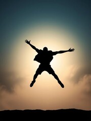 Silhouette of a jumper in mid-air, arms extended, and legs bent at the knees, action, jump shot