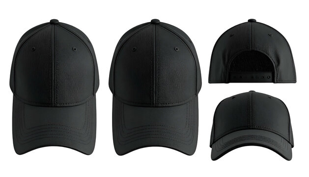 Array of five views of a black baseball cap against a dark background, showing front, back, and sides