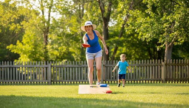 Cornhole game set, process of throwing bean bags, female girl tossing bean sacks, corn hole in the backyard, wooden boards for corn-hole tournament in a summer day on a wood,Social Connection & Wellbe